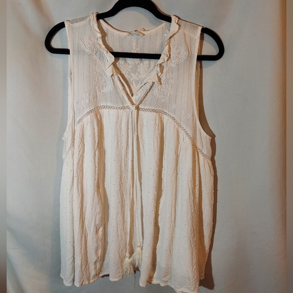 Miss Me Tops - Miss Me Cream Boho Flowy Feminine Sleeveless Blouse With Tassel Ties